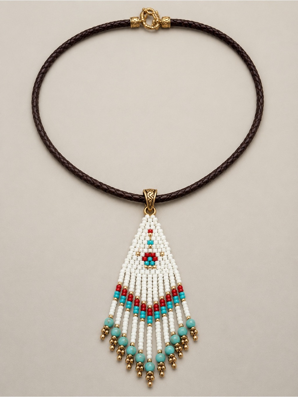 Handmade Beaded Fringe Pendant Necklace in White, Turquoise & Red on Brown Cord